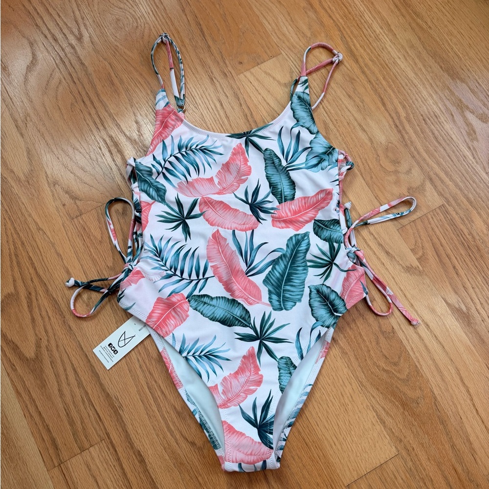 Minkpink Anjuna Lace Up One Piece, Size S, NWT Multi Palm Tree Leaves Print